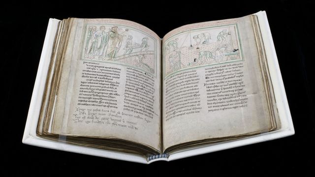 A double-page spread of the Book of St Albans a 13th-century manuscript.