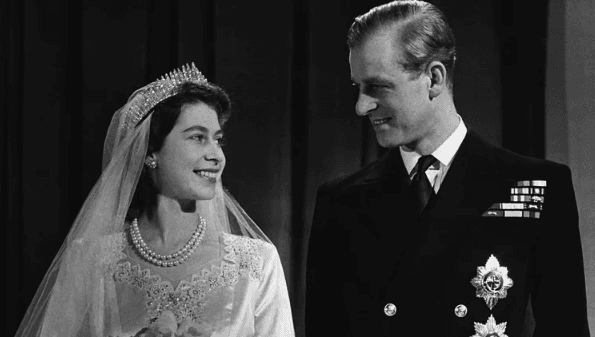 Queen Elizabeth II and Prince Philip on their wedding day.