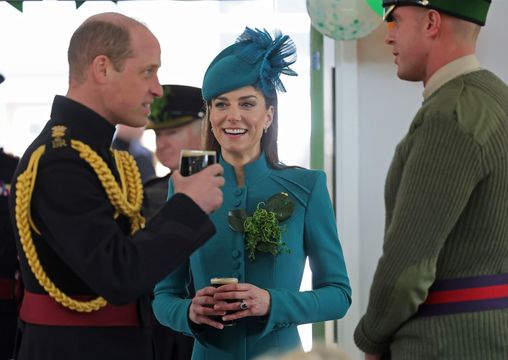 Prince Williman and Kate Middleton enjoy a Guinness with the Irish Guards to celebrate St. Patrick\'s Day.