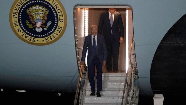 April 11, 2023: US President Joe Biden smiles as he exits Air Force One at RAF Aldergrove on April 11, 2023 in Co Antrim, Northern Ireland.