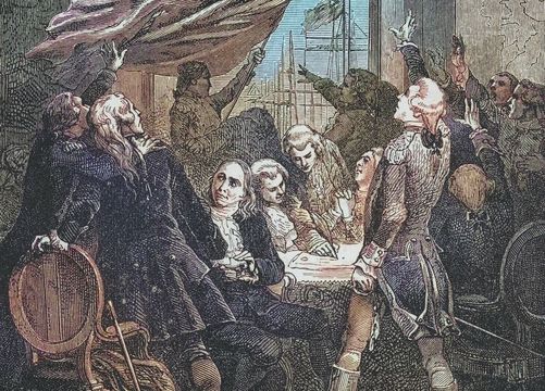 An illustration of the signing of the US Declaration of Independence.
