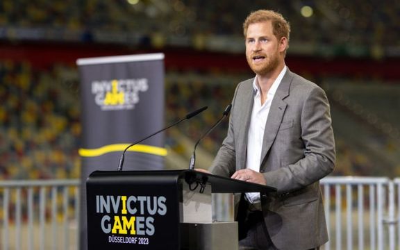 Prince Harry, Duke of Sussex speaks on stage during the press conference at the Invictus Games Dusseldorf 2023 - One Year To Go events, on September 06, 2022 in Dusseldorf, Germany.