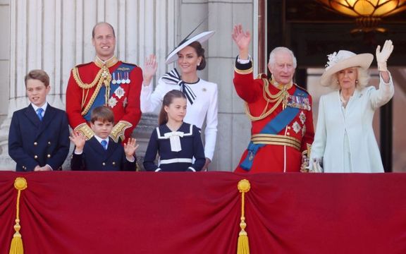 Prince George, Prince William, Prince Louis, Princess Charlotte, Princess Kate, King Charles III and Queen Camilla during Trooping the Colour at Buckingham Palace on June 15, 2024 in London, England.