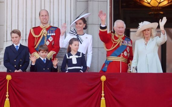 Prince George, Prince William, Prince Louis, Princess Charlotte, Princess Kate, King Charles III and Queen Camilla during Trooping the Colour at Buckingham Palace on June 15, 2024 in London, England