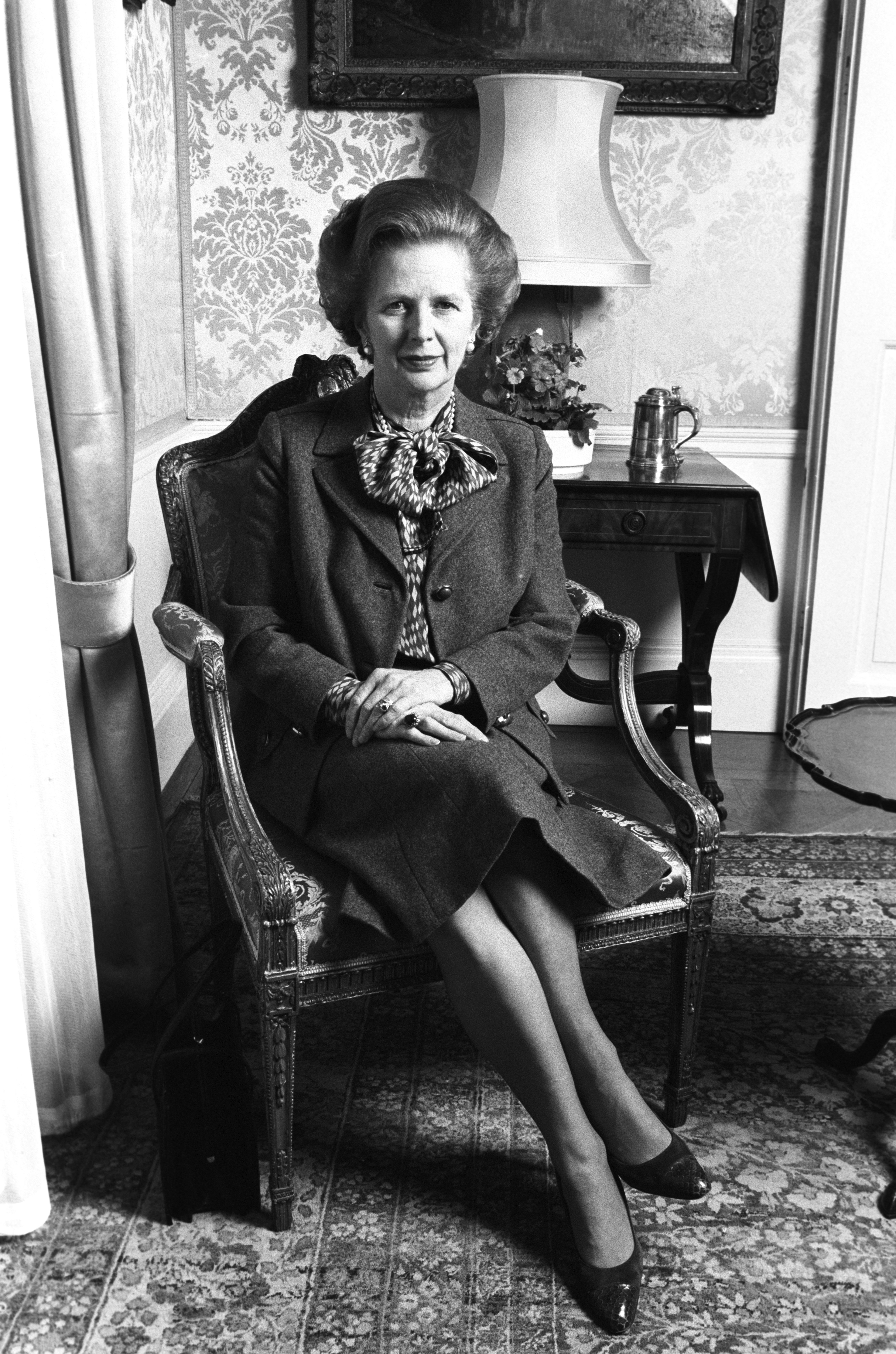 British Prime Minister Margaret Thatcher poses inside Number 10 Downing Street in London, England on April 01, 1984. (Photo by Express/Getty Images)