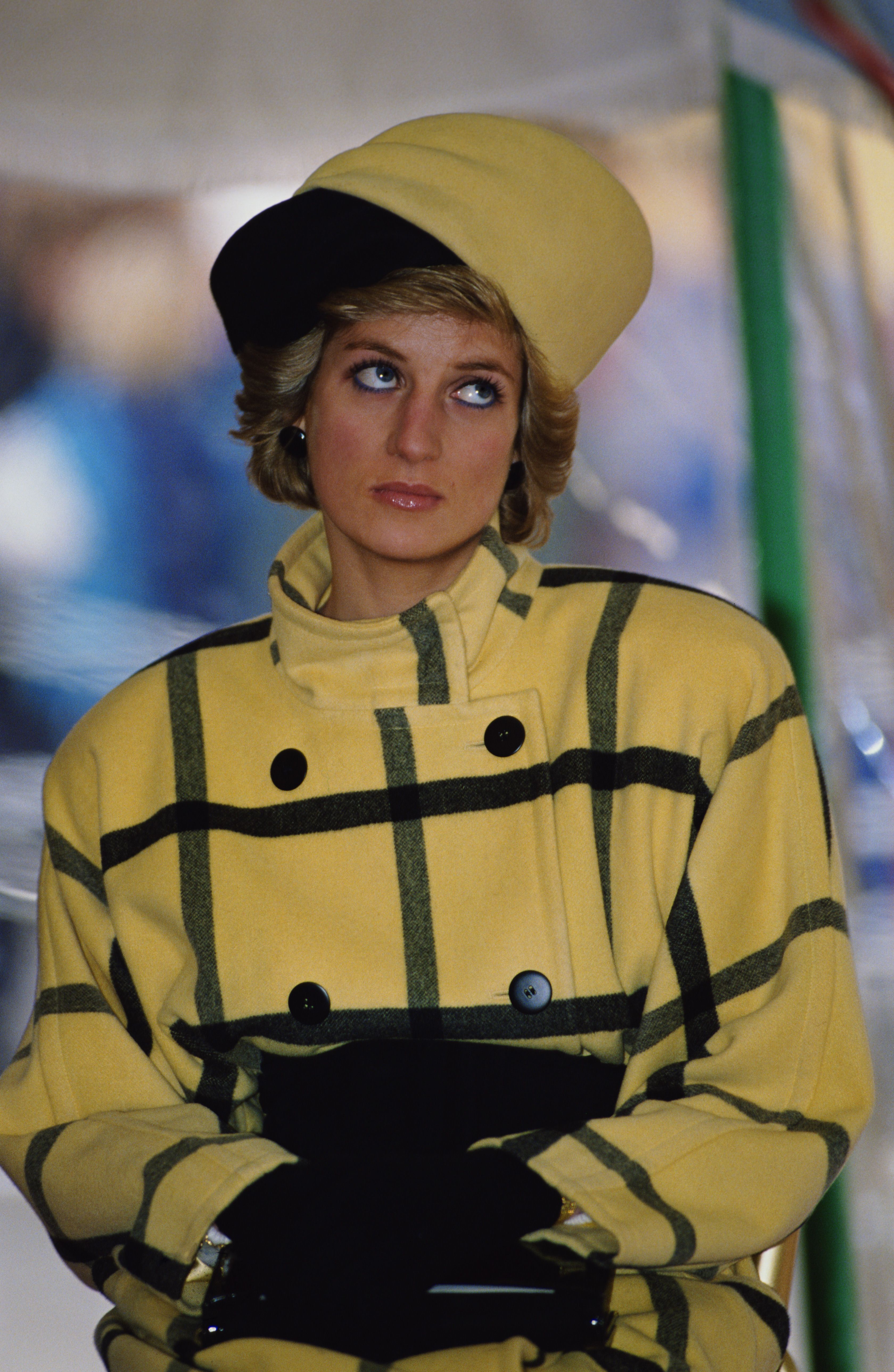 Princess Diana (1961 - 1997) wearing an Escada coat with a hat by Philip Somerville at the naming of the patrol boat Vigilant on the Isle of Wight, December 1989