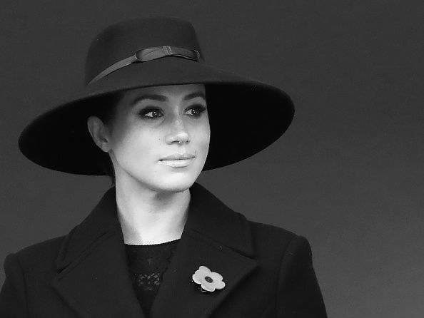 This image has been converted to black and white) Meghan, Duchess of Sussex attends the annual Remembrance Sunday memorial at The Cenotaph on November 10, 2019 in London, England. The armistice ending the First World War between the Allies and Germany was signed at Compiègne, France on eleventh hour of the eleventh day of the eleventh month - 11am on the 11th November 1918. (Photo by Chris Jackson/Getty Images)
