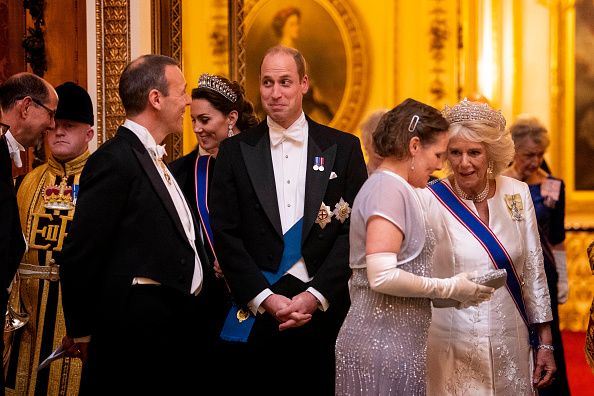 Catherine, Duchess of Cambridge, Prince William, and the Duchess of Cornwall at an evening reception for members of the Diplomatic Corps at Buckingham Palace on December 11, 2019 in London, England.(Photo by Victoria Jones - WPA Pool/Getty Images)