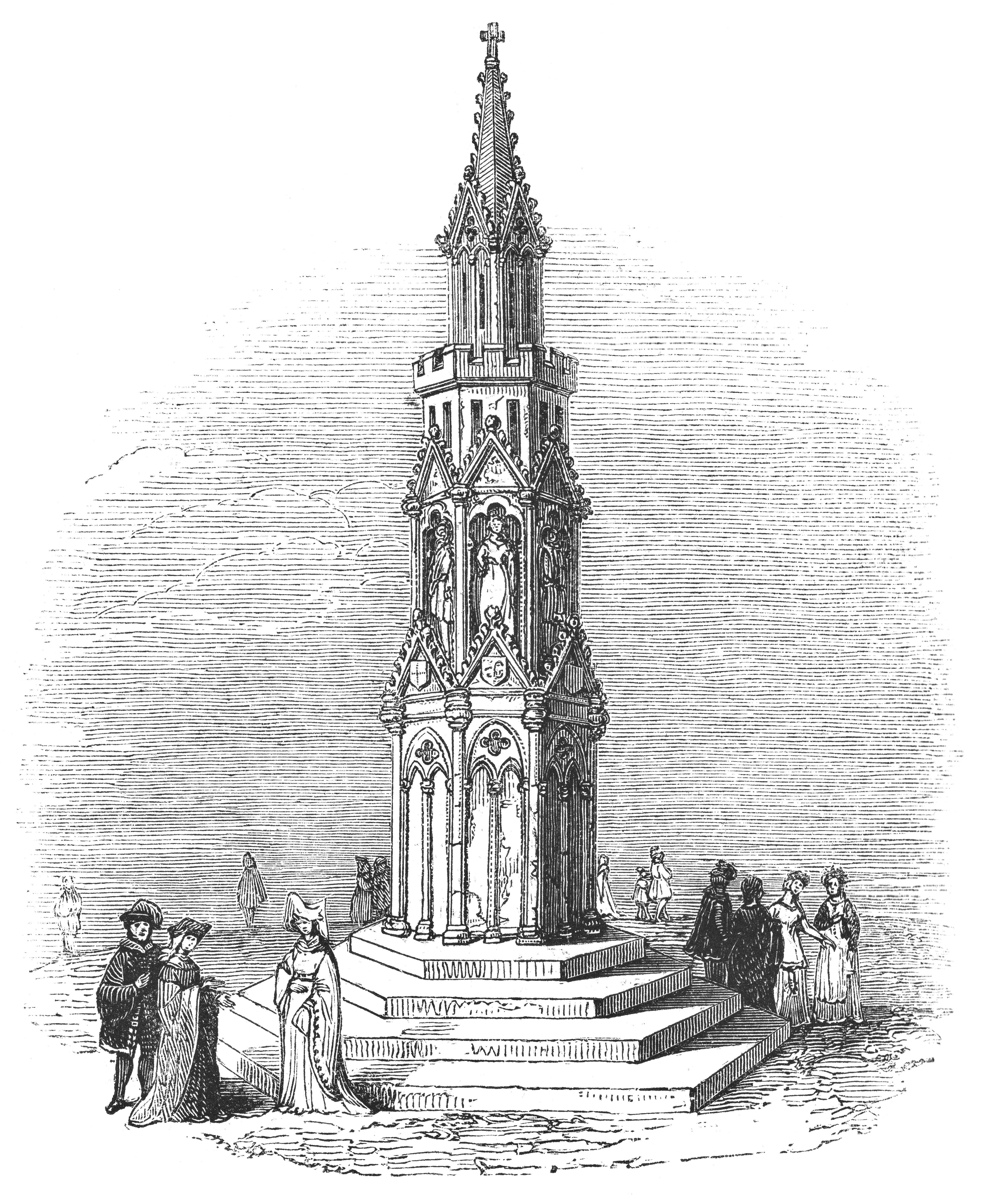 The Eleanor Cross at Charing Cross in Westminster, London, England from the Works of William Shakespeare. Vintage etching circa mid 19th century.