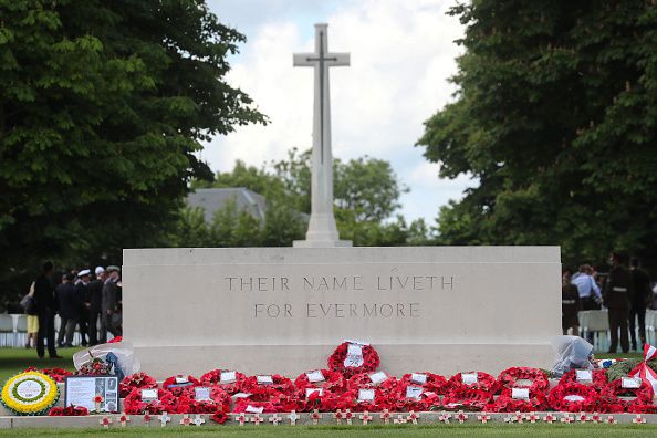 Bayeux Cemetery on June 06, 2019 in Bayeux, France. Veterans, families, visitors, political leaders and military personnel are gathering in Normandy to commemorate D-Day