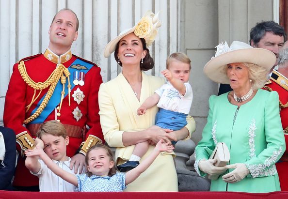 Prince Louis, Prince George, Prince William, Duke of Cambridge, Princess Charlotte, Catherine, Duchess of Cambridge and Camilla, Duchess of Cornwall during Trooping The Colour, the Queen's annual birthday parade
