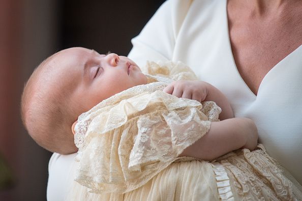 Catherine, Duchess of Cambridge carries Prince Louis as they arrive for his christening service at St James's Palace