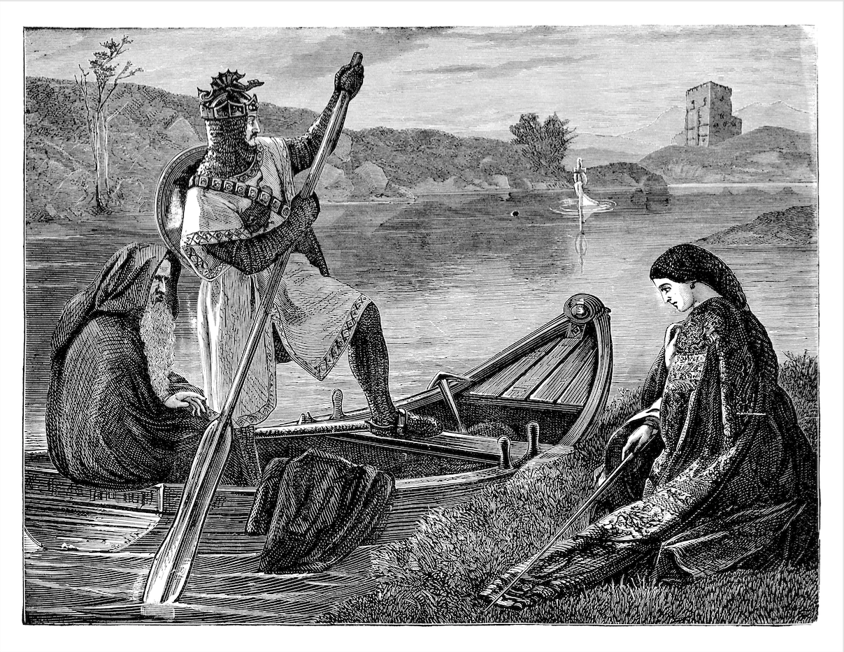 King Arthur on boat with Merlin going to retrieve the sword - Scanned 1881 Engraving