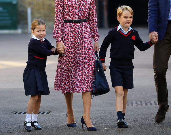 Princess Charlotte, with by her father, the Duke of Cambridge, and mother, the Duchess of Cambridge and Prince George, arriving for her first day of school at Thomas's Battersea in London on September 5, 2019 in London, England. (Photo by Aaron Chown - WPA Pool/Getty Images)