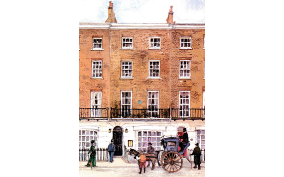 This lively watercolor of 221b Baker Street, complete with hansom cab, imaginatively evokes Victorian London.
