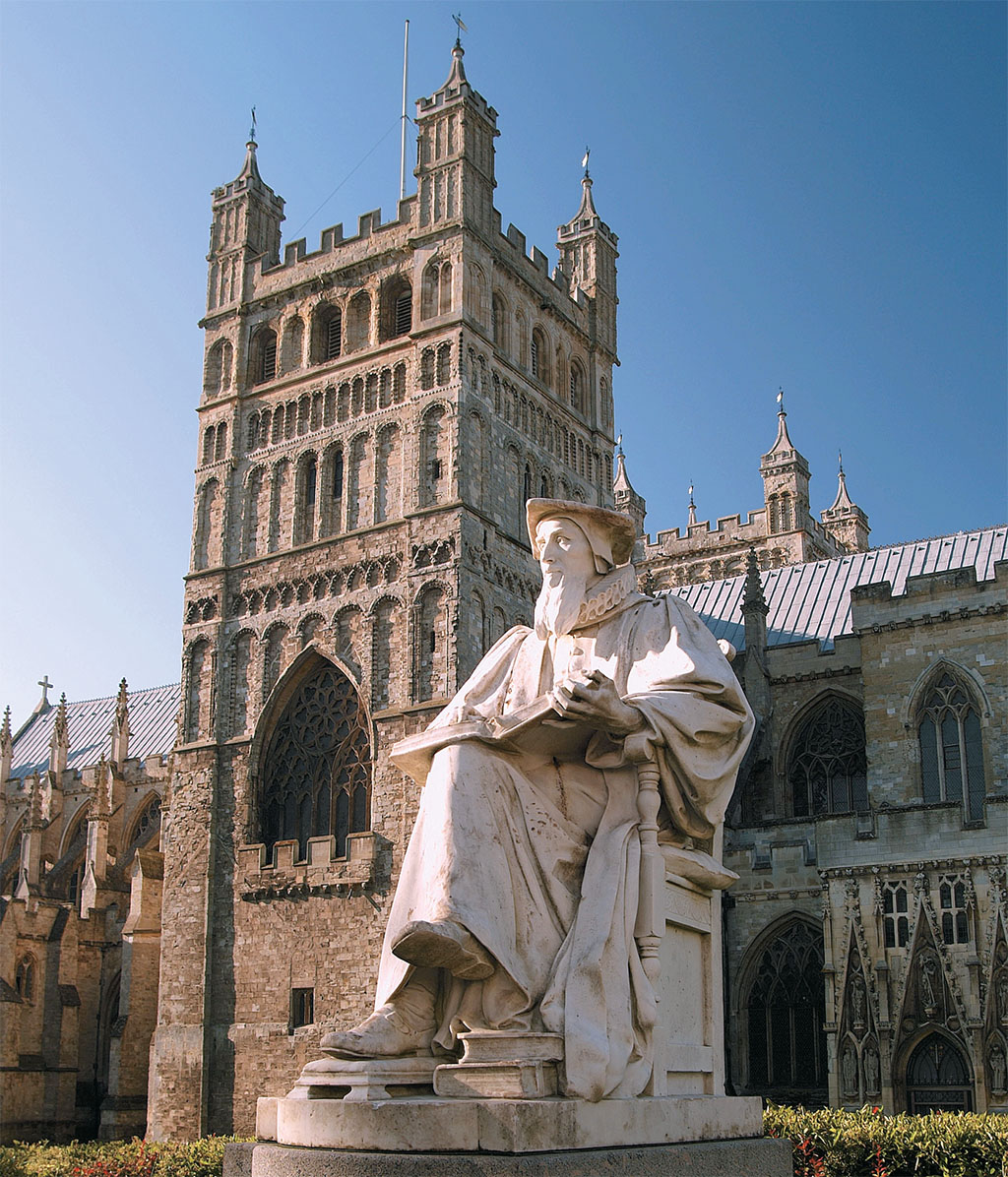 The statue of Richard Hooker stands guard over the close of lovely Exeter Cathedral, founded in 1050