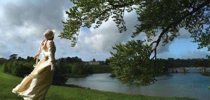 Here, Sandra gazes out over the lake at Blenheim Palace in the best Regency style!