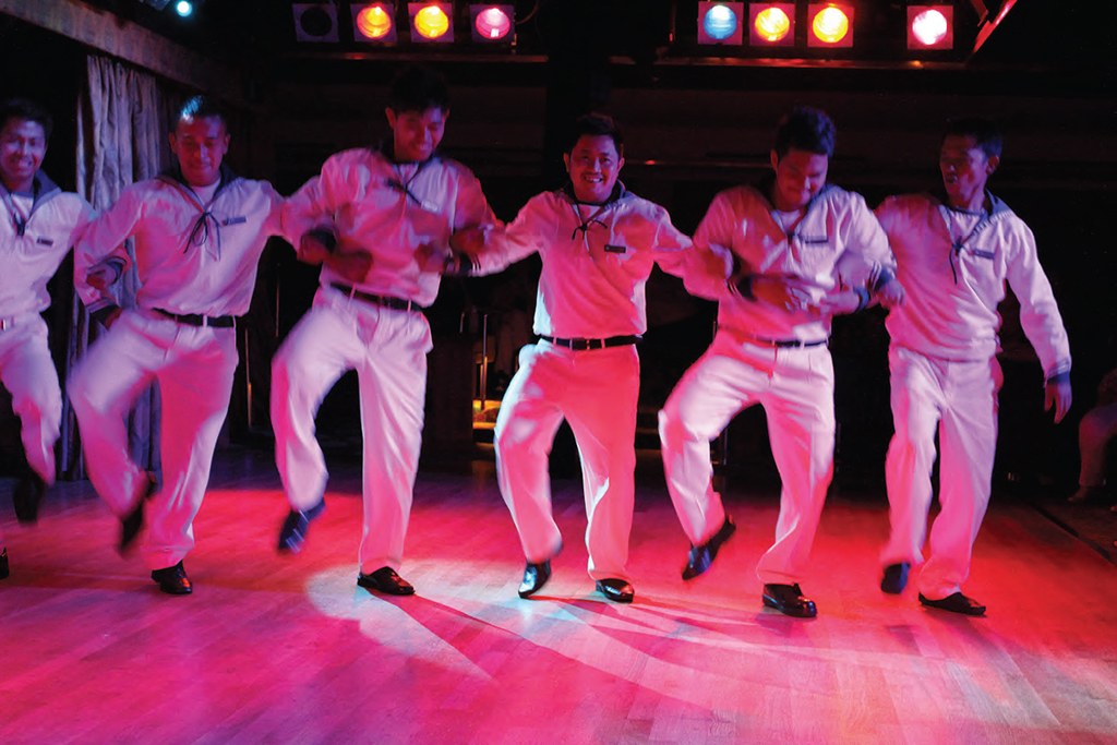 The deck crew of Boudicca dance a sailor’s hornpipe to “YMCA” during the Crew Show. Via: Dana Huntley