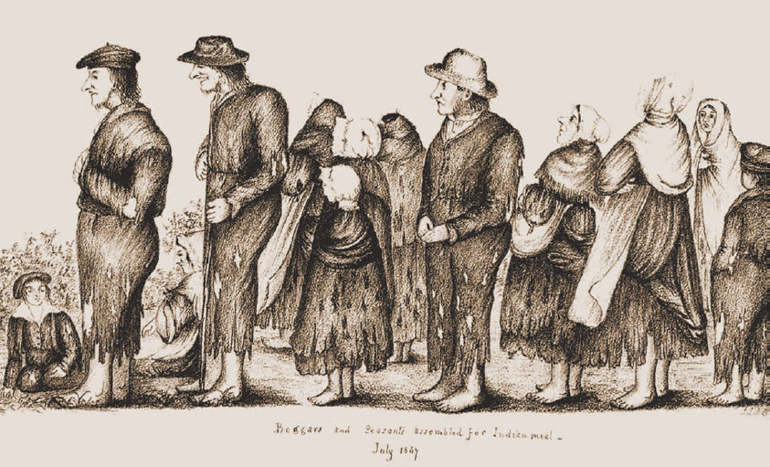 Beggars and Peasants assembled for Indian meal, July 1847 depicts the Irish Potato Famine. - DOWD FAMILYHISTORY